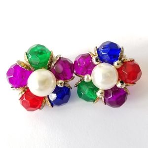 Vintage colorful clip earrings with faux pearl